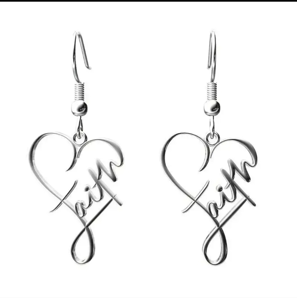 Faith Heart Fishook Dangle Earrings Silver Plated New in Package - Picture 5 of 6
